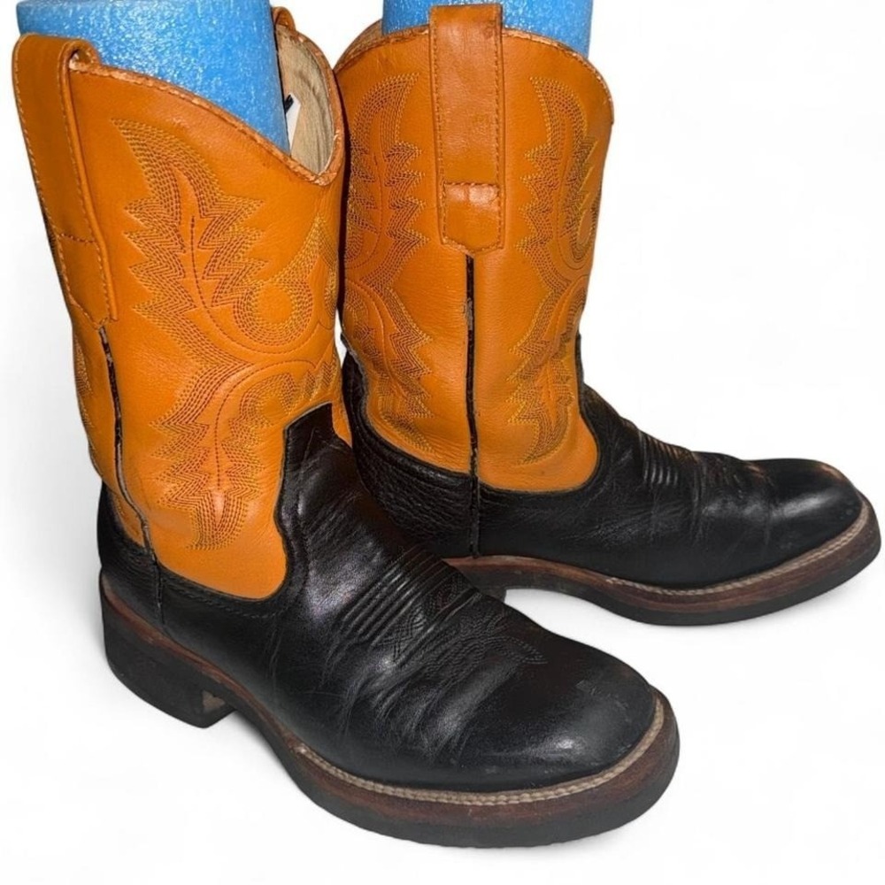 Vintage Durango Roper Cowboy Boots Black‎ Tan Leather Western Boots Size 7.5